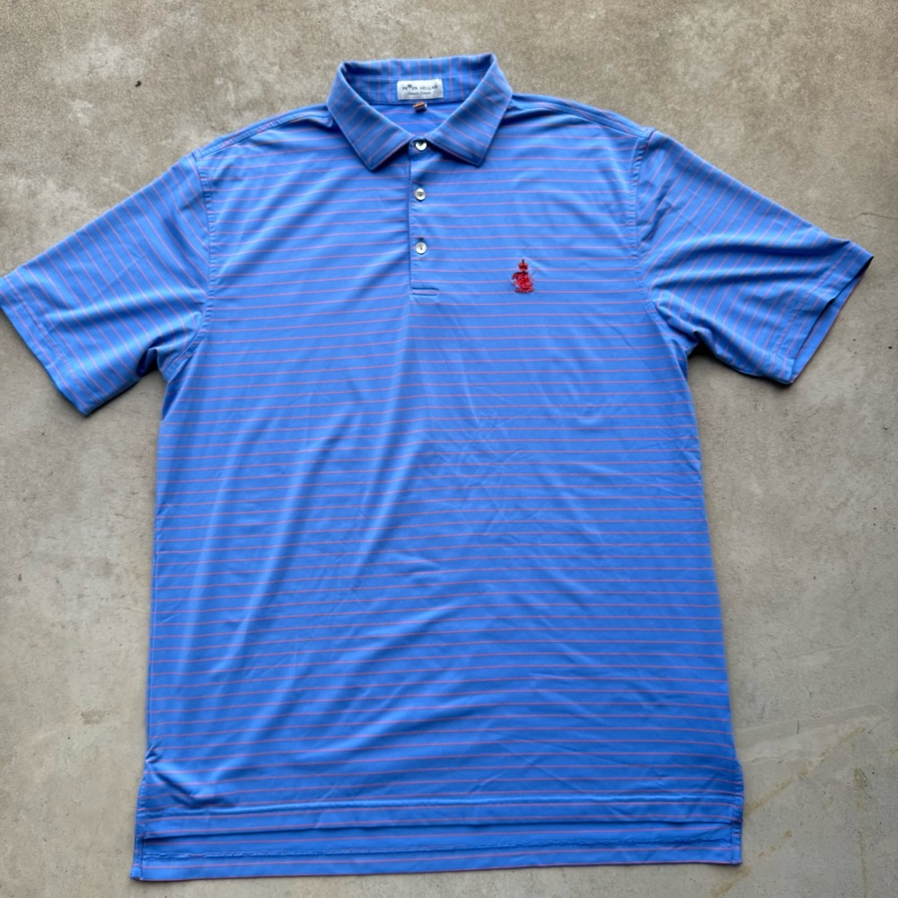 Peter Millar Blue Striped Polo with Red Crest